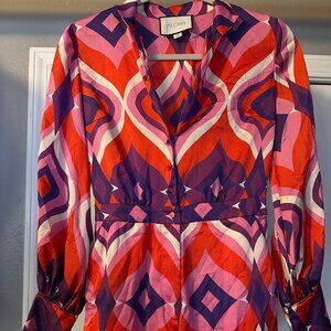 Alexis Geometric Print Romper Pink Red Purple XS Long Sleeve NWOT